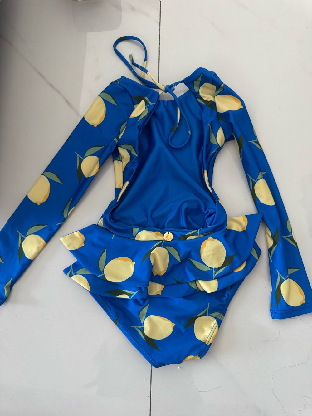 Girls Blue Lemon-Print Long Sleeve One-Piece Swimsuit